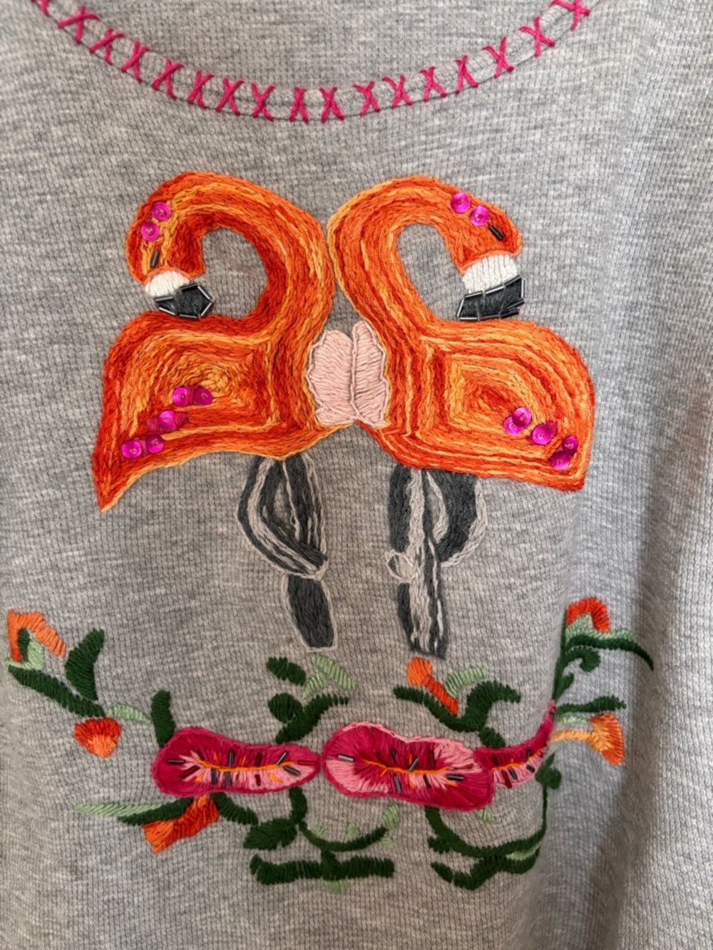 Embroidered Flamingo Gray Sweater with Pink Accents - Picture 4 of 5